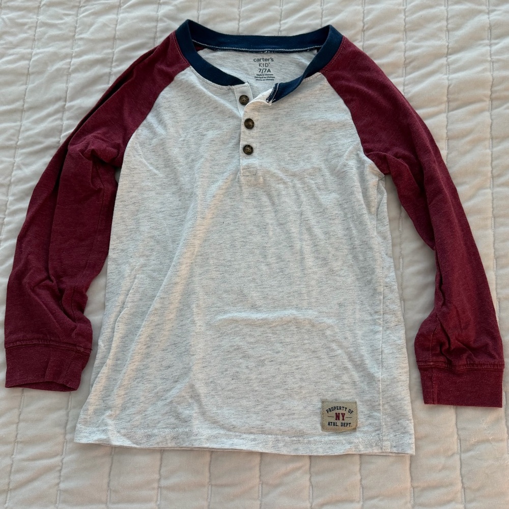 Carter’s Kid Maroon and Gray Long Sleeve Henley Shirt 7/7A